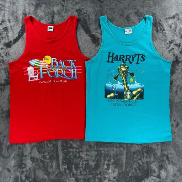 Lot of (2) VTG 1980 Tank Top Men L Single Stitch Destin Florida Harry T's USA